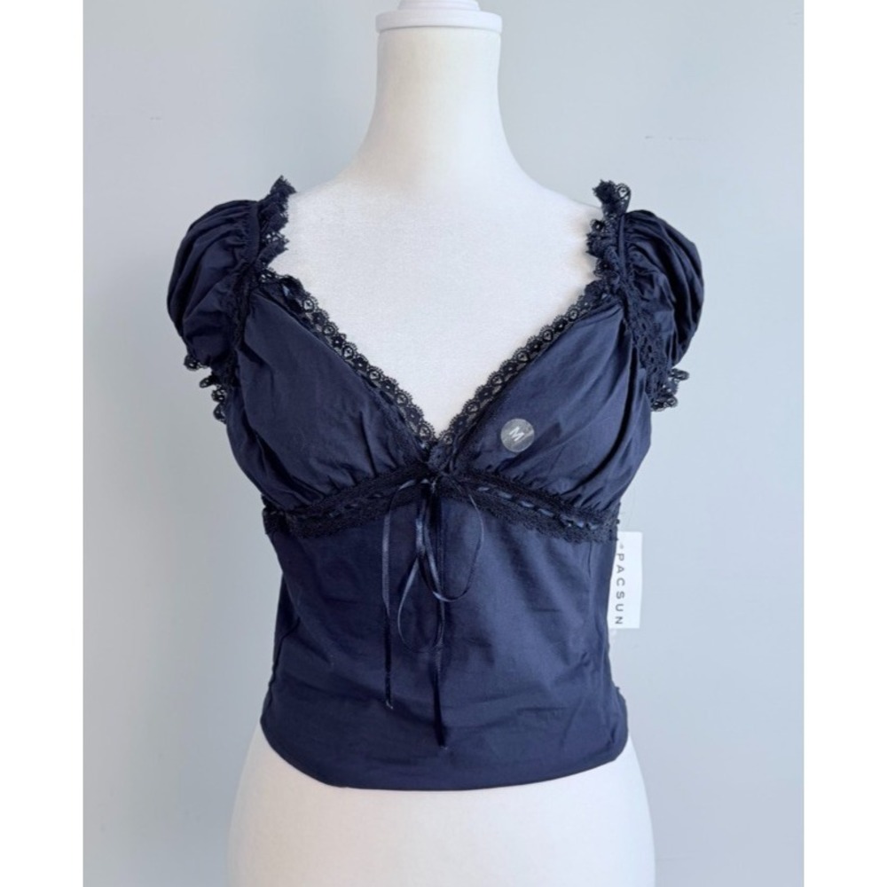Pacsun Milkmaid Lace Trim Top Medium Navy Coquette Cottagecore Cotton Fairy - Picture 11 of 11